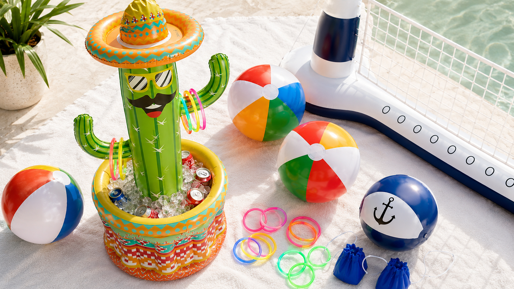pool party flatlay with glow sticks, beach balls, inflatable volleyball net and cactus cooler — amazon pool party finds 2026