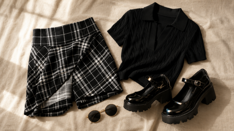 dark academia summer outfit flatlay — plaid skirt, cable knit polo, platform mary janes and round sunglasses from amazon 2026