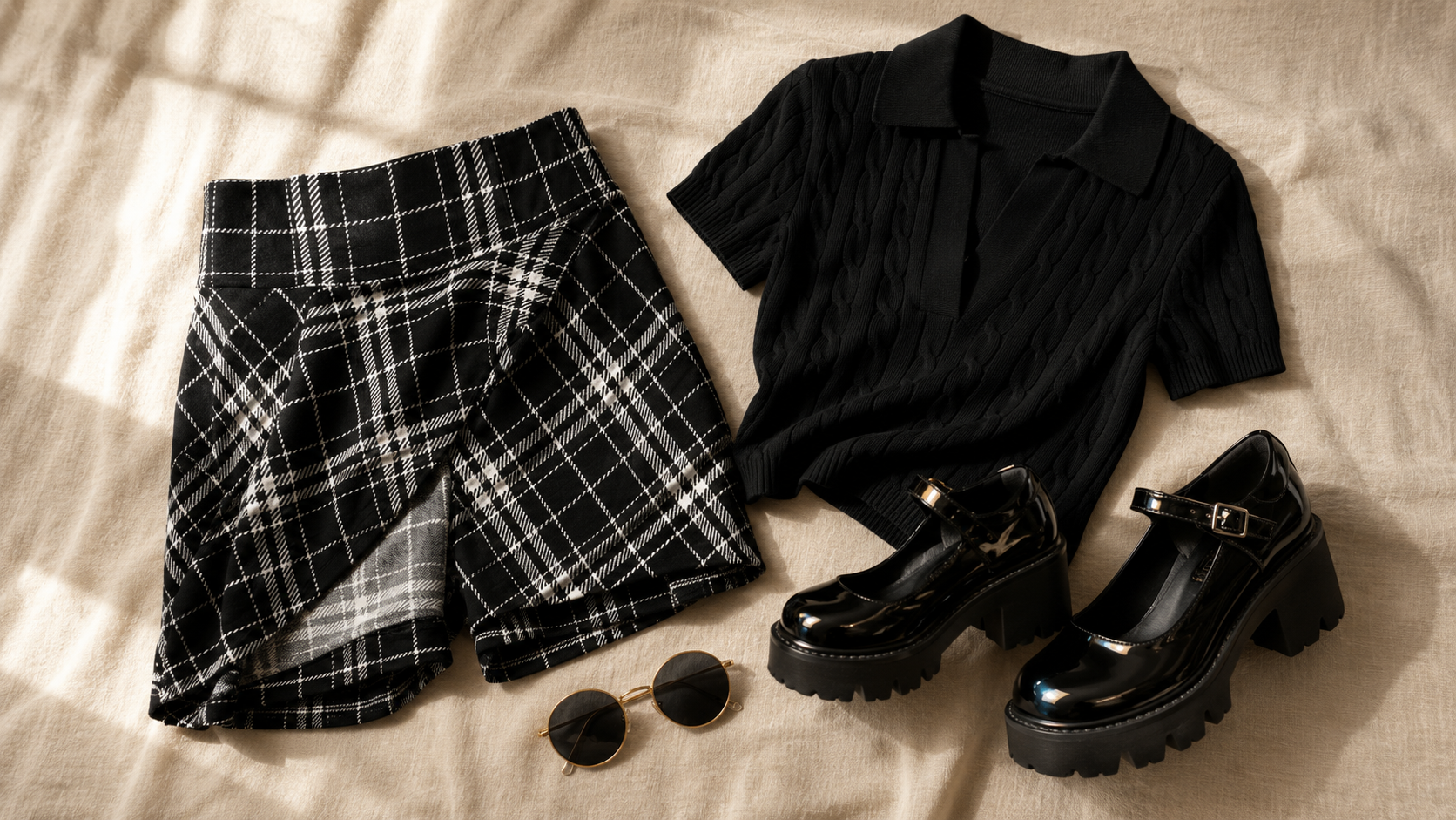 dark academia summer outfit flatlay — plaid skirt, cable knit polo, platform mary janes and round sunglasses from amazon 2026