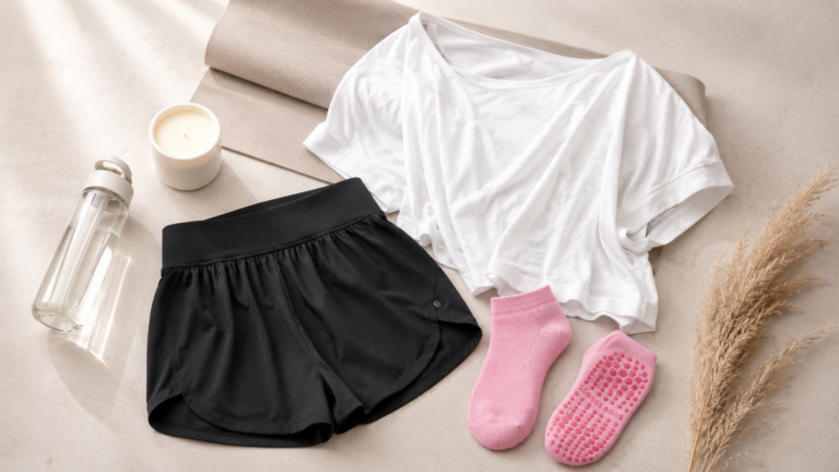 flatlay of yoga outfit for women — grip socks, high-waist shorts, and cropped tee from amazon 2026