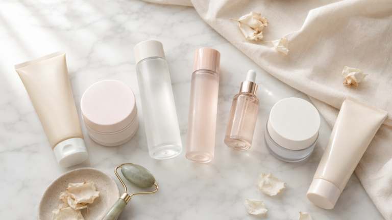step-by-step korean glass skin routine flatlay with k-beauty products on marble — how to get glass skin 2026
