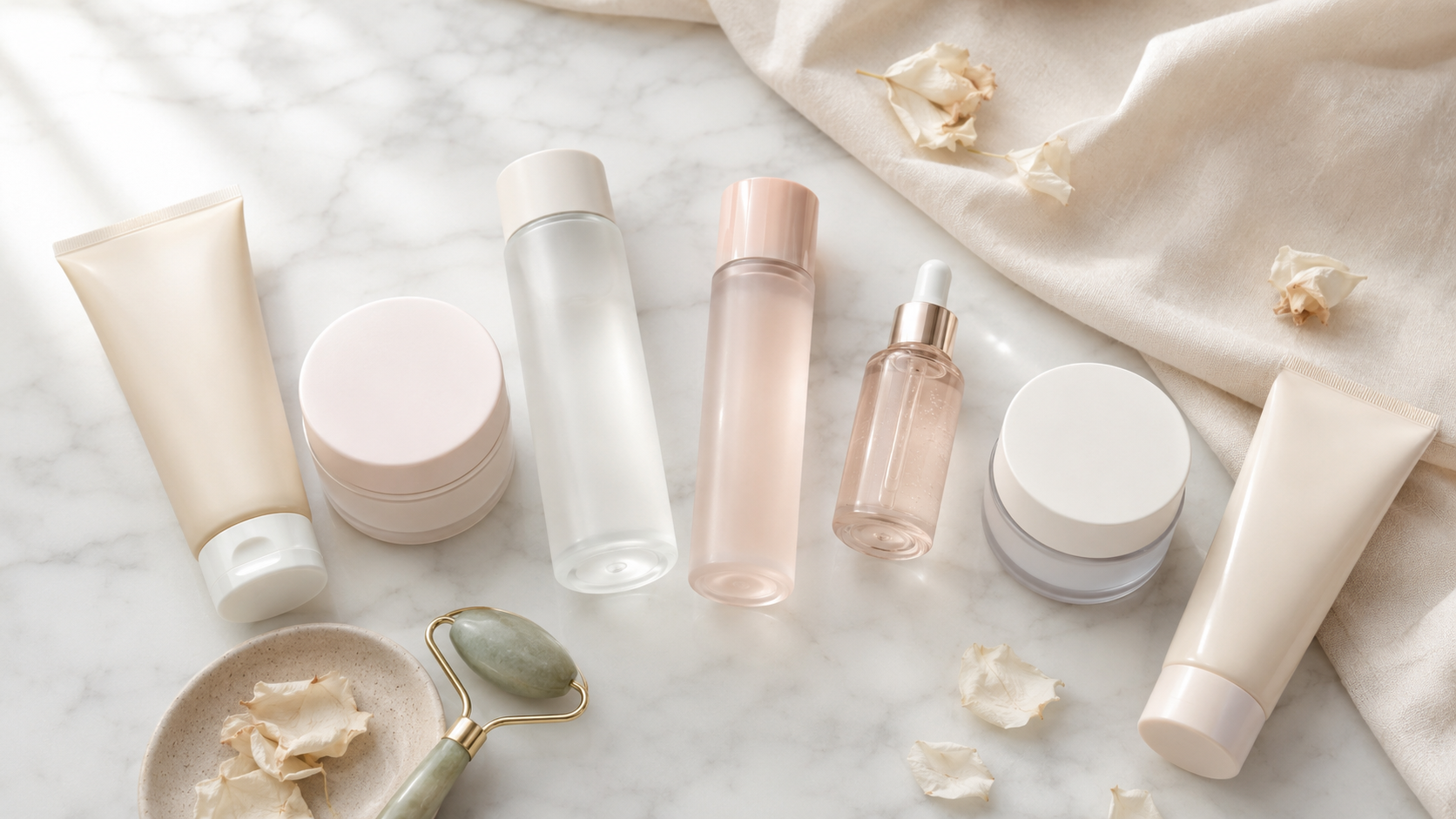 step-by-step korean glass skin routine flatlay with k-beauty products on marble — how to get glass skin 2026