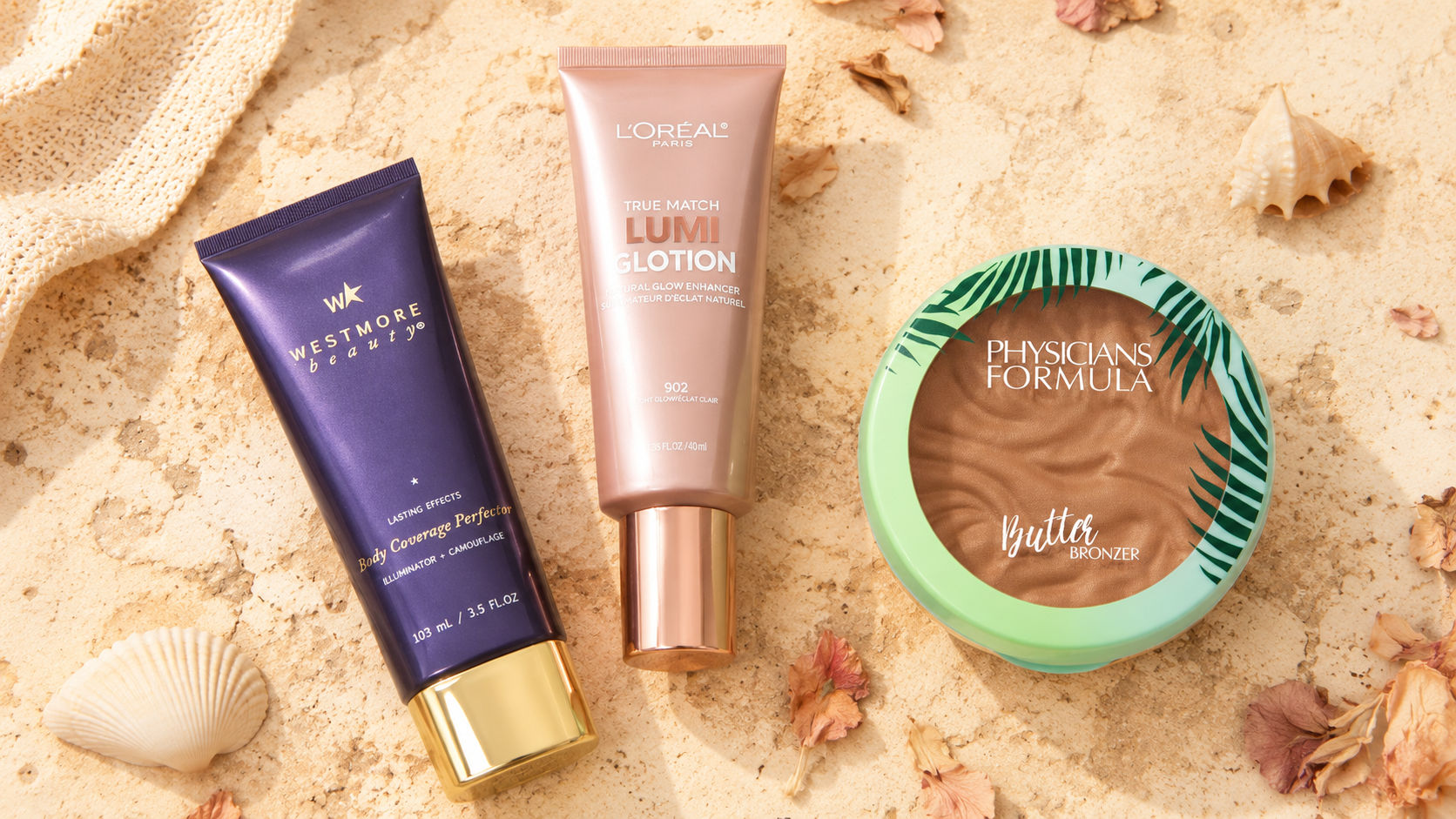 flatlay of summer bronze makeup products including illuminator bronzer and coverage on warm sandy background 2026