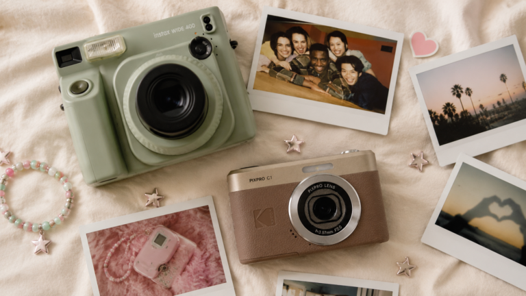 fujifilm instax wide 400 and kodak pixpro c1 flatlay — best y2k digital cameras on amazon 2026