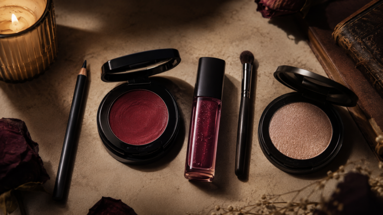 moody editorial flatlay of dark romantic makeup products — kohl pencil, berry lip oil, cream blush in wine tones — dark romantic makeup 2026
