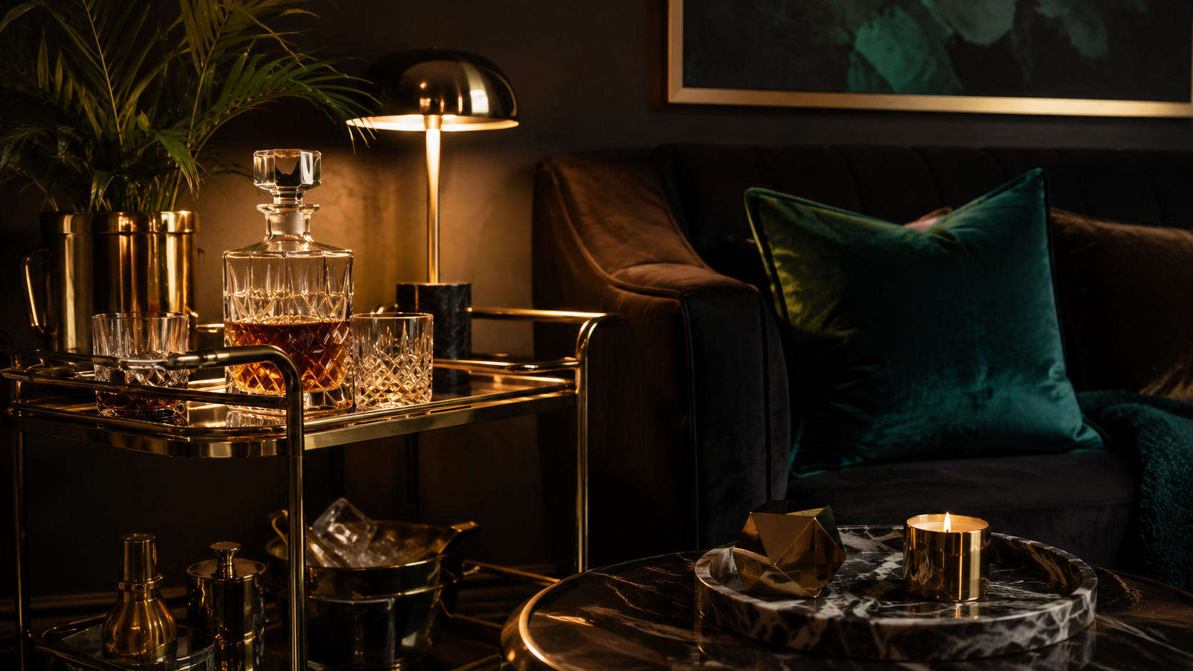 moody editorial flatlay of neo deco home decor — brass bar cart, sunburst mirror, emerald velvet and geometric tray — neo deco home decor 2026