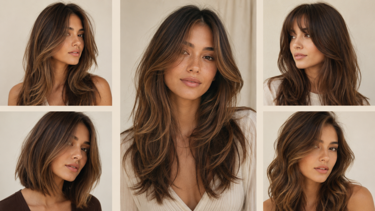 five flattering haircuts for round faces including butterfly layers, curtain bangs and angled lob — hair inspo 2026