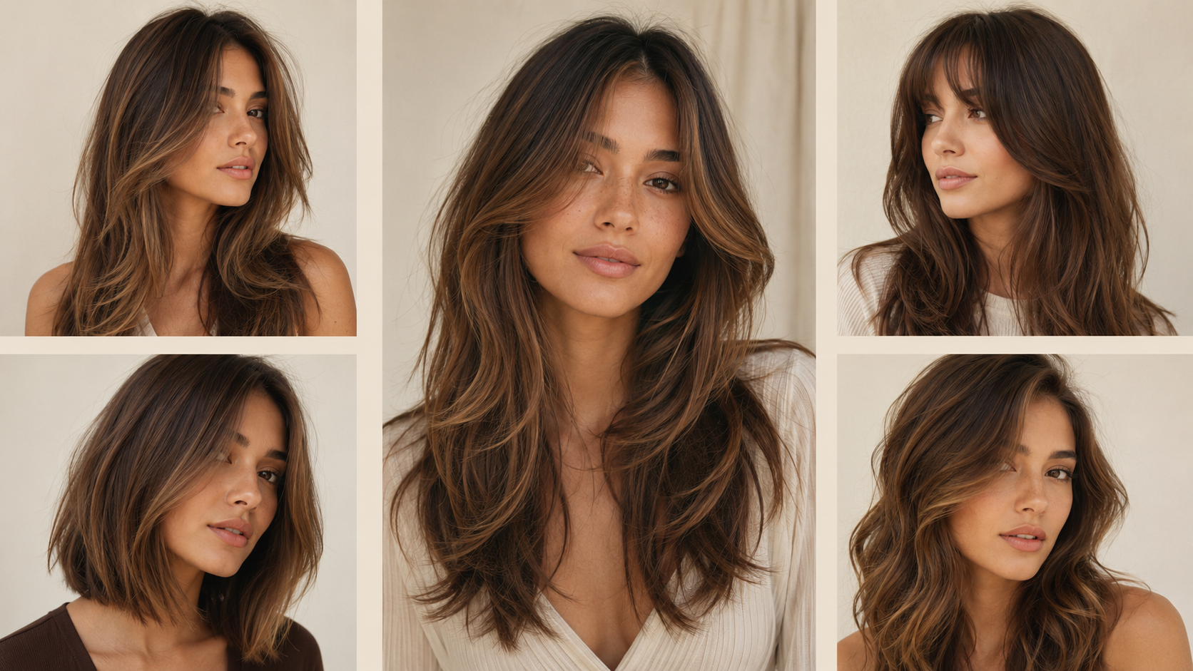 five flattering haircuts for round faces including butterfly layers, curtain bangs and angled lob — hair inspo 2026