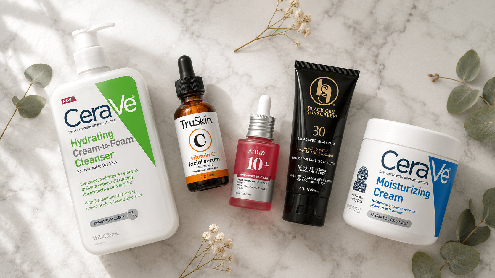 flatlay of five skincare products on marble — black dermatologist skincare routine amazon 2026