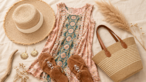 boho summer outfit flatlay 2026 — printed sundress, straw hat, woven tote, embellished sandals, shell earrings