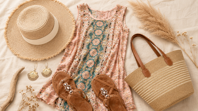 boho summer outfit flatlay 2026 — printed sundress, straw hat, woven tote, embellished sandals, shell earrings
