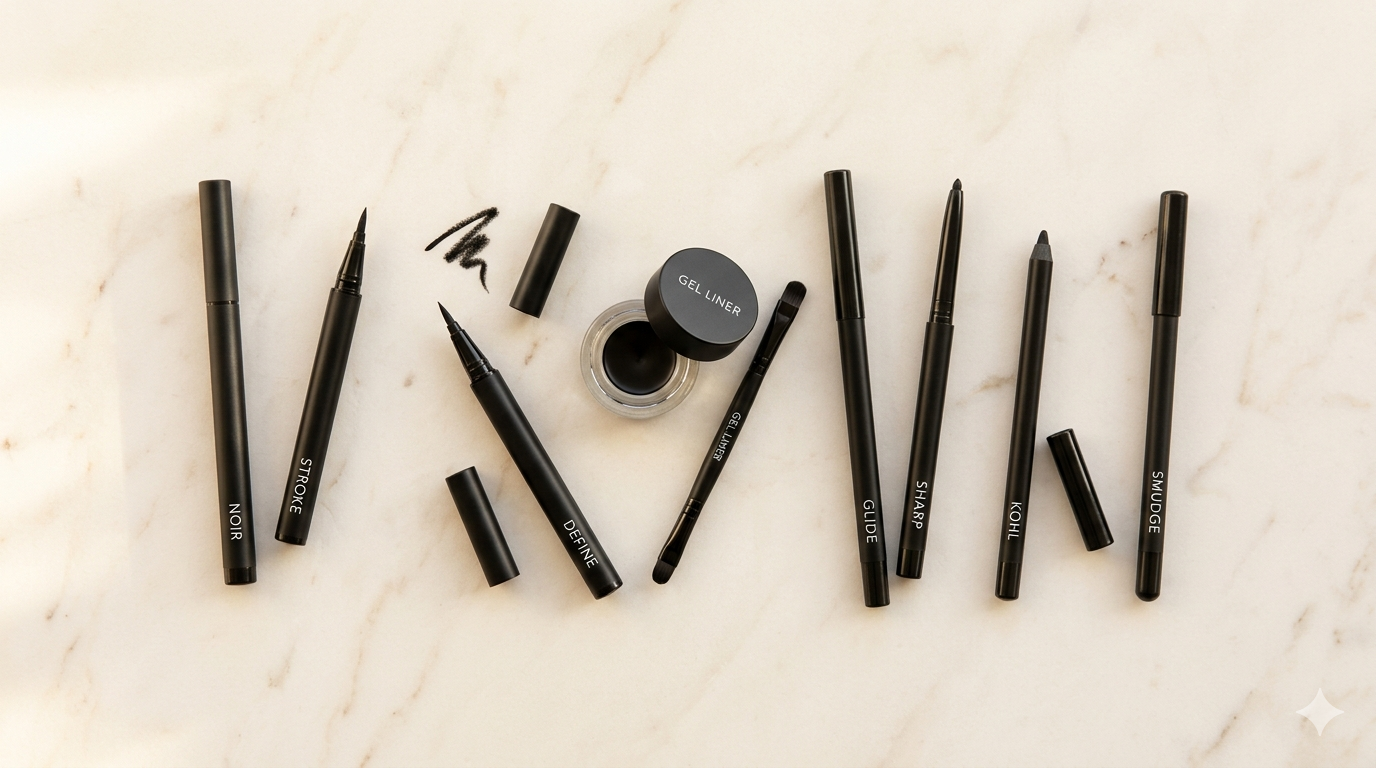 eight eyeliner products flatlay on cream surface — diy eyeliner looks amazon makeup 2026