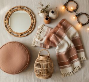 bohemian bedroom decor flatlay — rattan mirror, terracotta vases, woven throw and string lights, warm earthy tones 2026
