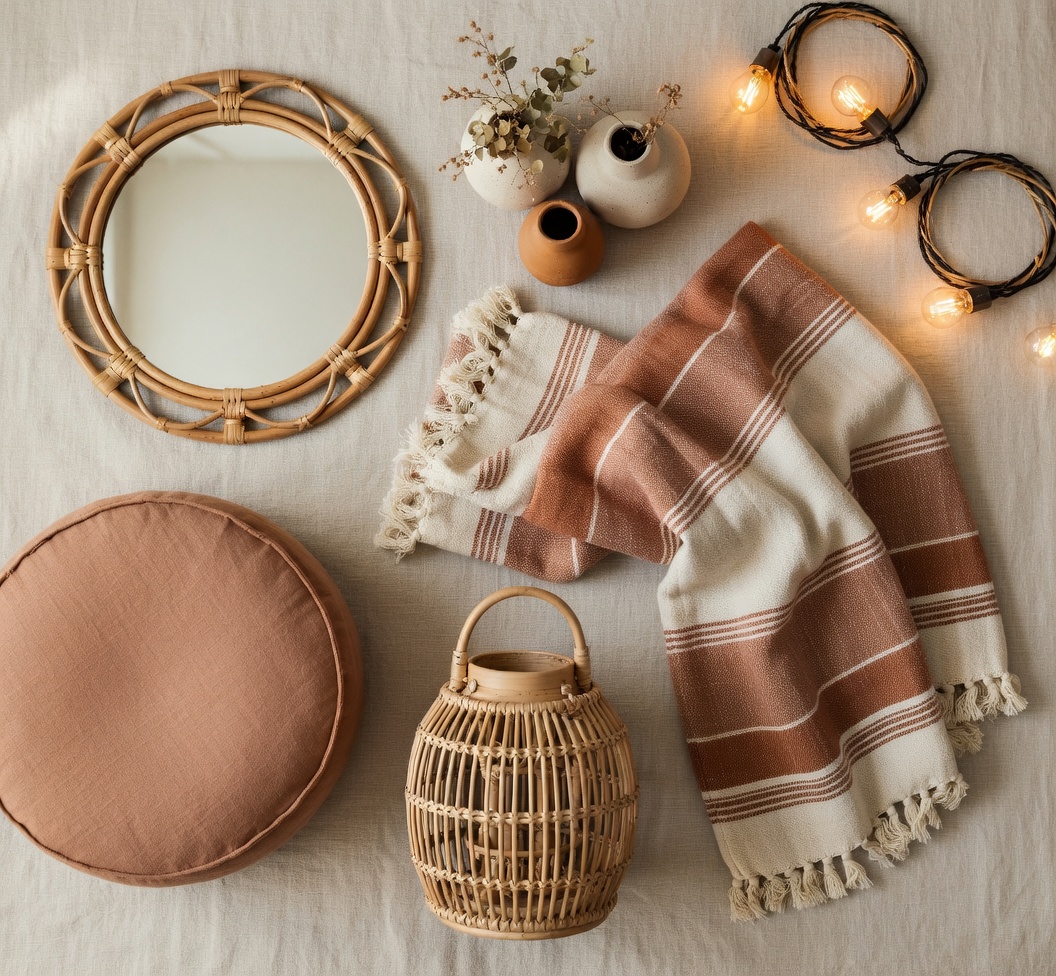 bohemian bedroom decor flatlay — rattan mirror, terracotta vases, woven throw and string lights, warm earthy tones 2026